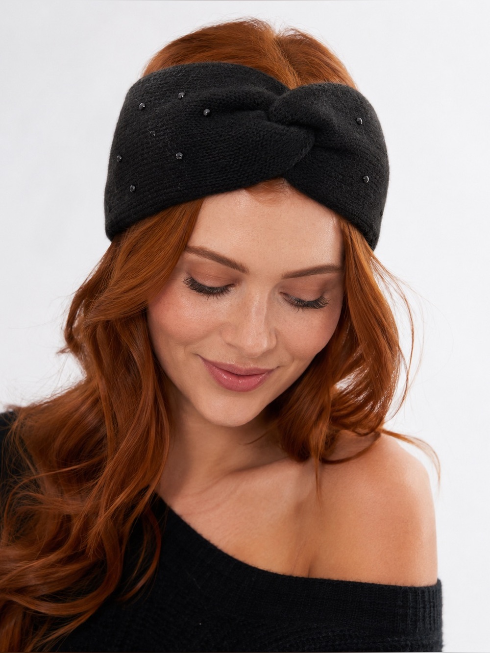 I Am brand Black Knit Twist-Front Headband with Sparkly Bead Accents - OS - NWT